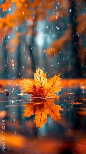 A colorful fall leaf peacefully floating on the surface of a pond or lake.