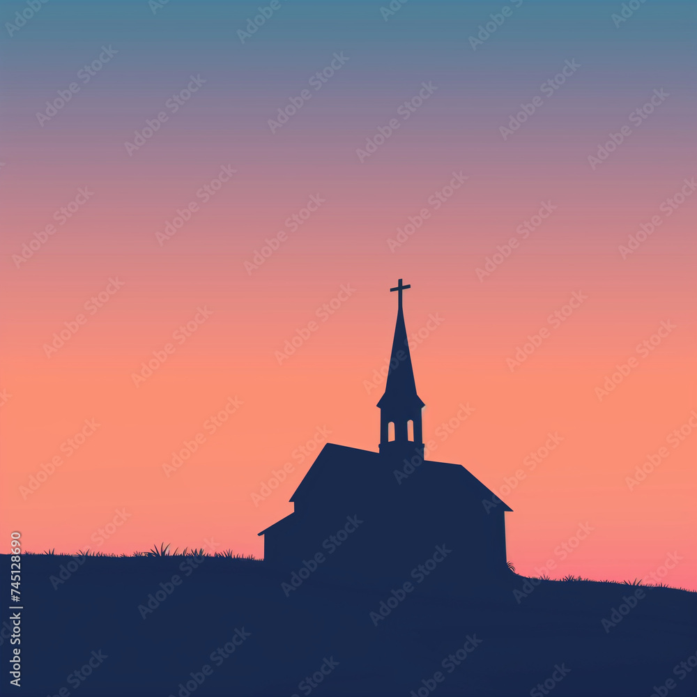 Silhouetted Church Against Twilight Sky: Serene Landscape with Pastel Sunrise Colors for Stock Photography.