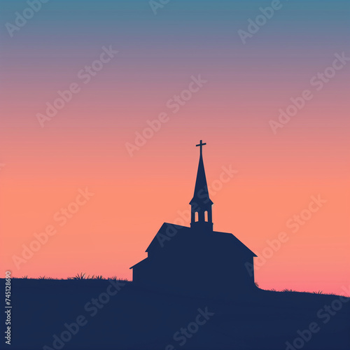 Silhouetted Church Against Twilight Sky: Serene Landscape with Pastel Sunrise Colors for Stock Photography.