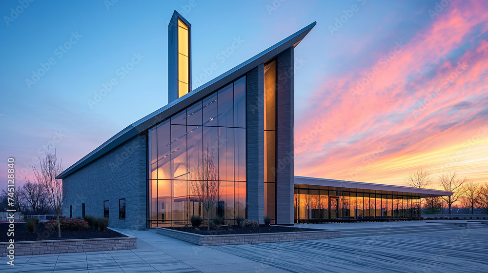 Fototapeta premium Contemporary Church Architecture with Reflective Glass Facade at Sunset: Dramatic Sky and Modern Religious Design Stock Photo.