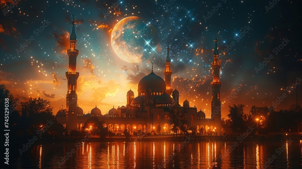 Fototapeta premium Ramadan holiday card with traditional symbols - month, mosque, lantern. Festive atmospheric background.