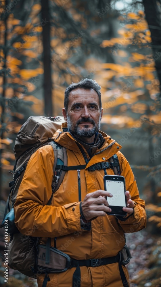 Fototapeta premium A man standing in the woods, holding a cell phone.