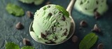 A spoonful of organic mint chocolate chip ice cream featuring a vibrant green color with chocolate chips scattered throughout the creamy texture.