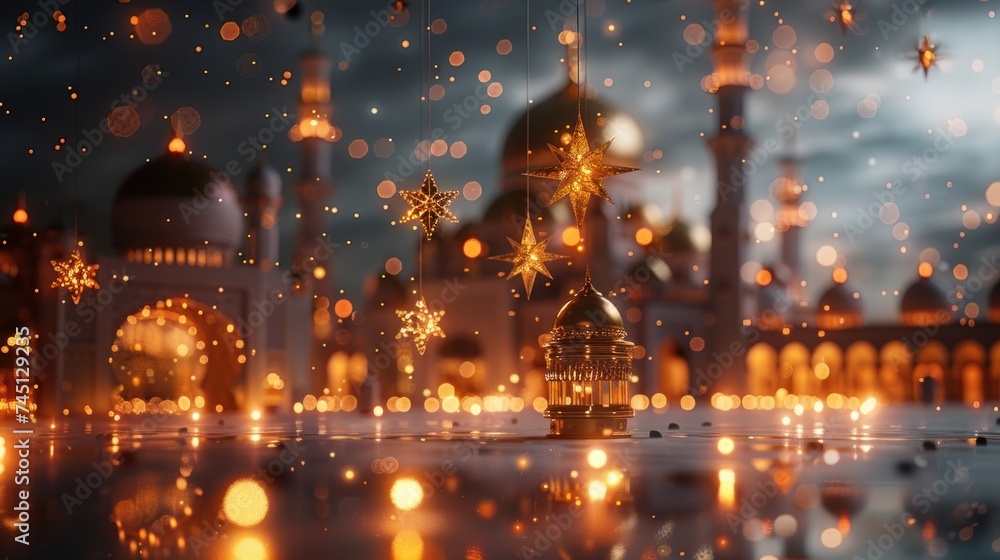Ramadan holiday card with traditional symbols - month, mosque, lantern. Festive atmospheric background.