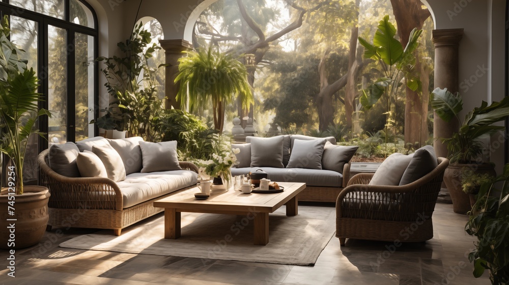 An outdoor sanctuary with light taupe and charcoal gray patio furniture
