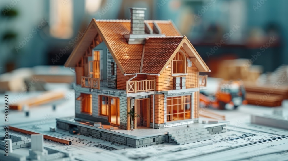 A miniature house model placed on top of a detailed blueprint, symbolizing construction planning and architecture.