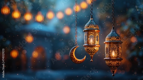 Wallpaper Mural Ramadan holiday card with traditional symbols - month, mosque, lantern. Festive atmospheric background. Torontodigital.ca