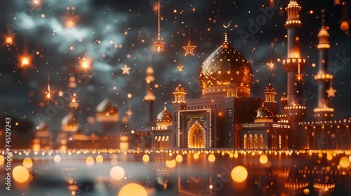Ramadan holiday card with traditional symbols - month, mosque, lantern. Festive atmospheric background.