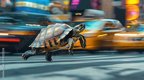 A small turtle rushes across a busy city street, blending with the hustle and bustle of vehicles and pedestrians. photo