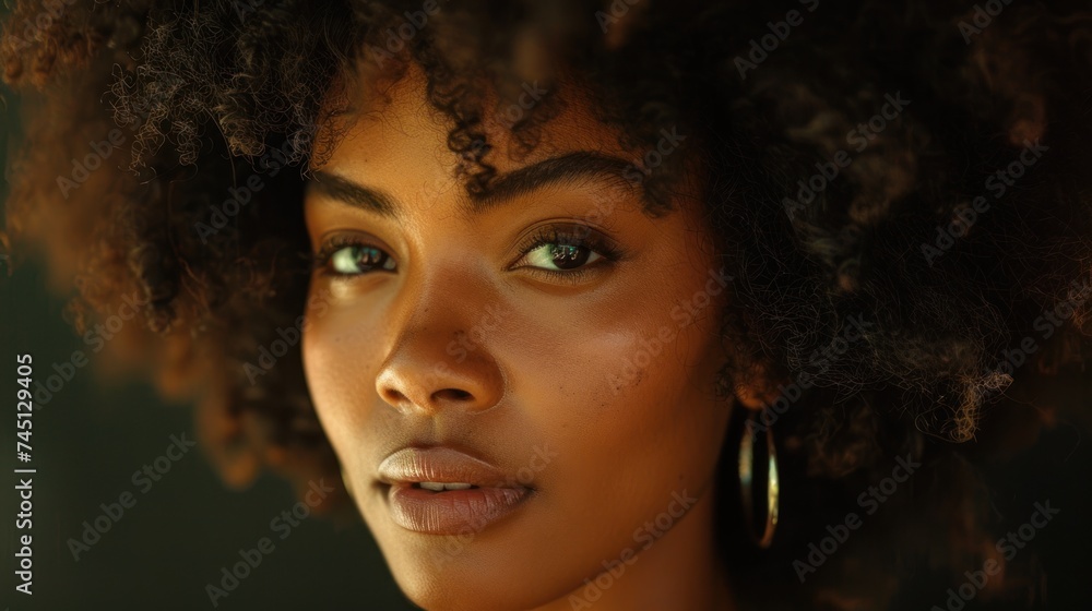 A close up of an Afro-American woman with curly hair, showcasing the natural texture and beauty of her hair. A close up of an Afro-American woman with curly hair, showcasing the natural texture and beauty of her hair.