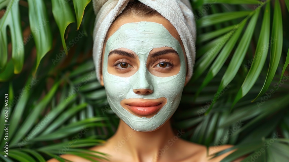 A woman with a towel wrapped around her head and a facial mask applied on her face, taking care of her skin. A woman with a towel wrapped around her head and a facial mask applied on her face, taking care of her skin.