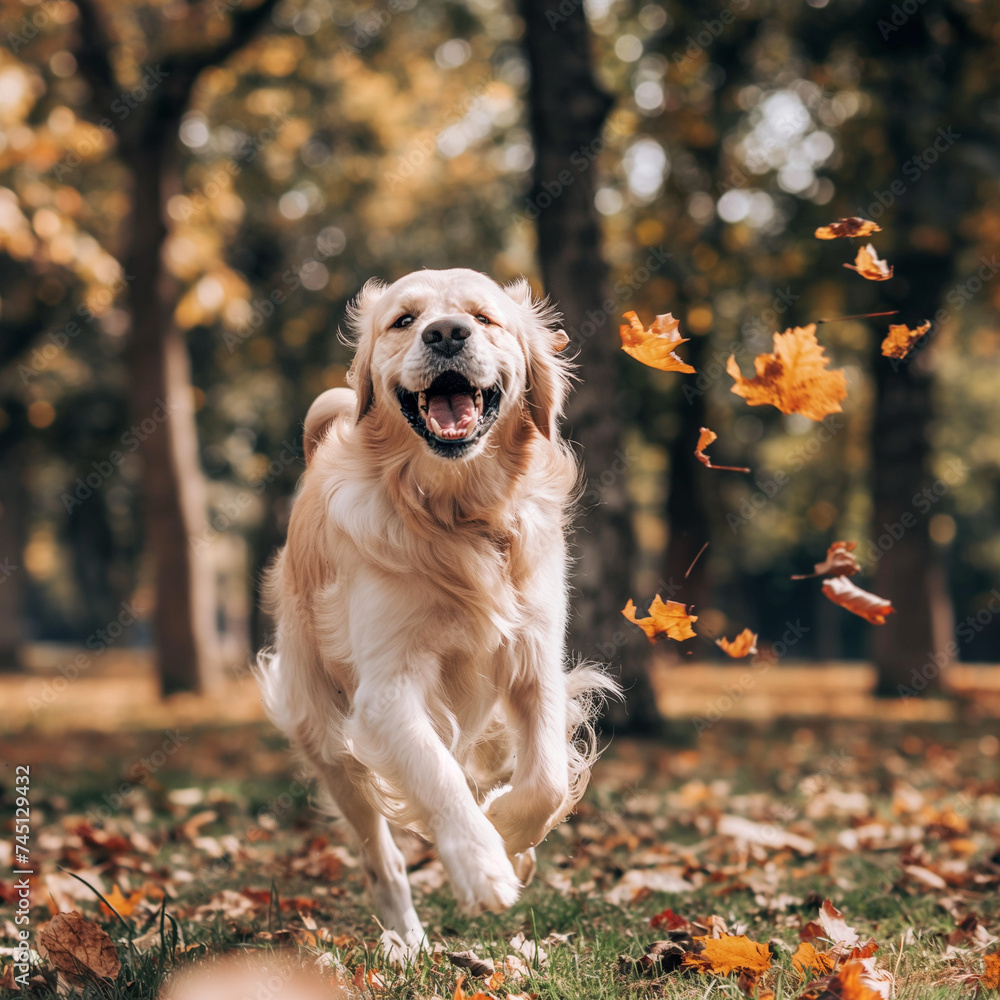 Happy golden retriever dog running in the park, joyful spirit in the autumn, fallen leaves