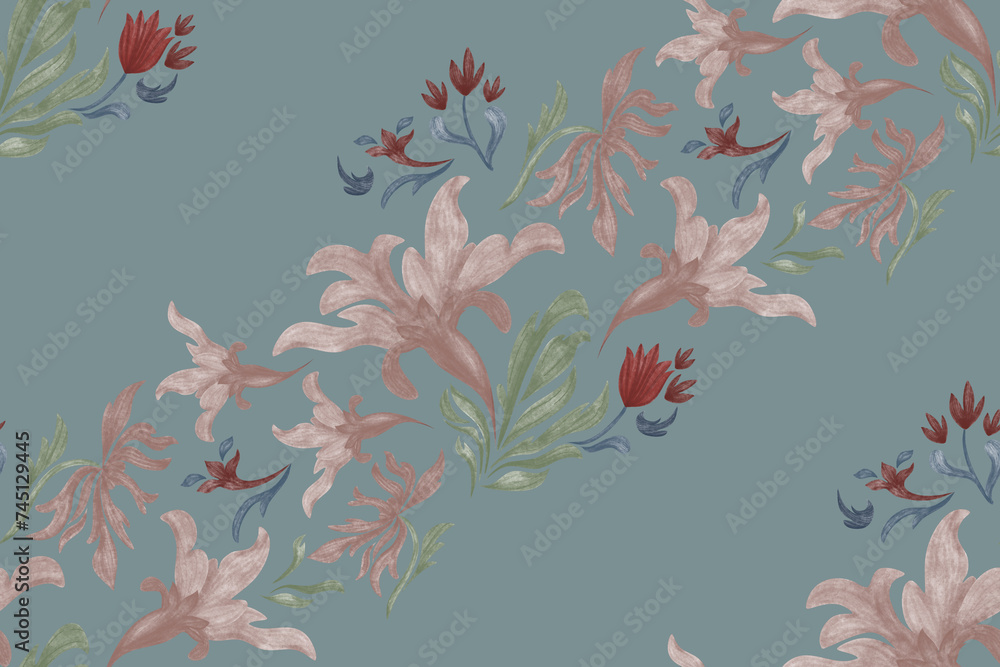Obraz premium Ethnic floral pattern seamless watercolour background border. Vintage flowers motifs leaves branch design hand drawn illustration.