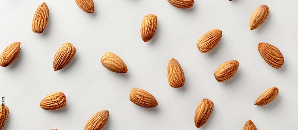A cluster of almond kernels is arranged neatly on a plain white surface, showcasing their natural form and texture. The almonds appear fresh and ready to be enjoyed as a healthy snack or ingredient in A cluster of almond kernels is arranged neatly on a plain white surface, showcasing their natural form and texture. The almonds appear fresh and ready to be enjoyed as a healthy snack or ingredient in