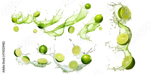 Collection of lime with water splash isolated on a white background as transparent PNG