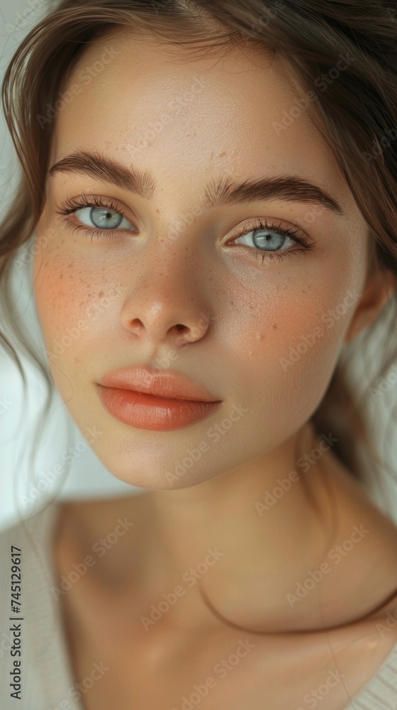 Obraz premium A detailed view showing a young womans face with striking blue eyes.