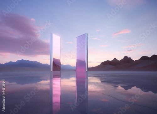 Surreal exterior. Fantastic landscape with geometric mirror and neon objects. Modern fantasy illustrations of unreal nature.