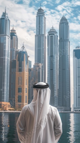 An Arab man standing in front of a modern highrise city skyline, taking in the urban landscape. photo