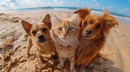 Three small dogs and a cat are frolicking on the sandy beach, enjoying the sun and each others company. © FryArt