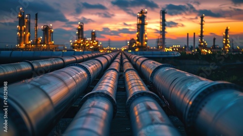 A view of an oil and gas refinery with steel pipes and structures illuminated by the warm hues of sunset, showcasing industrial operations.