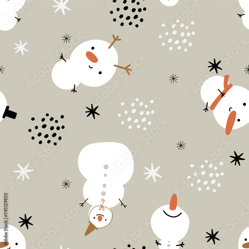 Christmas new year seamless pattern party snowman cute nursery with cartoon characters for fabric, apparel, wallpaper, wrapping paper, notebook.