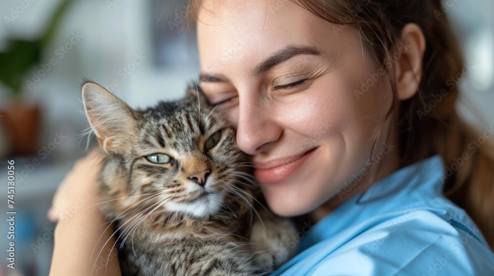 A woman gently holds a cute ill cat in her arms. A woman gently holds a cute ill cat in her arms.