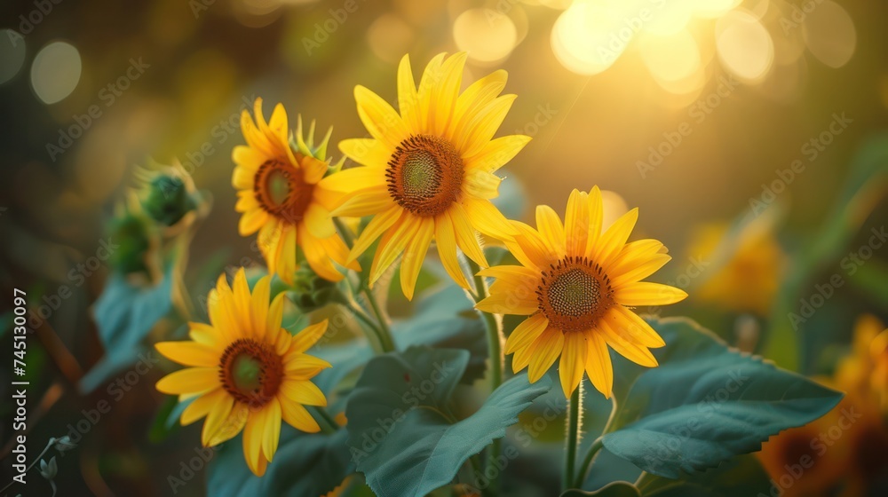 Obraz premium Sunflower field in warm sunshine
