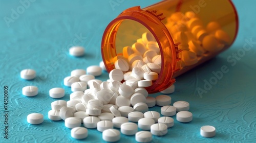 A close-up view of white pills spilling out of a pill bottle on a table, set against a blue background.