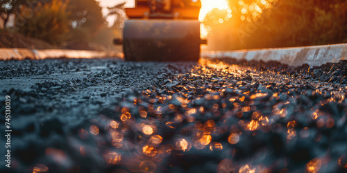 Asphalt Roller at Work. Close-up of asphalt compactor roller machine at work during road construction, texture of hot asphalt, copy space. photo