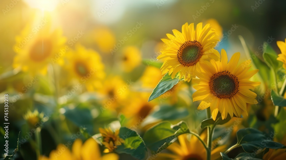 Obraz premium Sunflower field in warm sunshine
