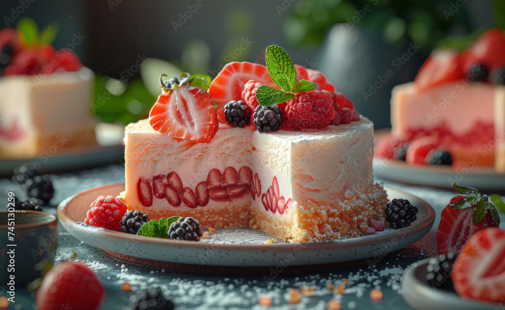 Sliced cheesecake with fresh berries on plate Sliced cheesecake with fresh berries on plate