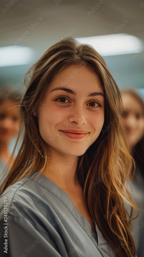 A young nursing student with long hair smiling directly at the camera.