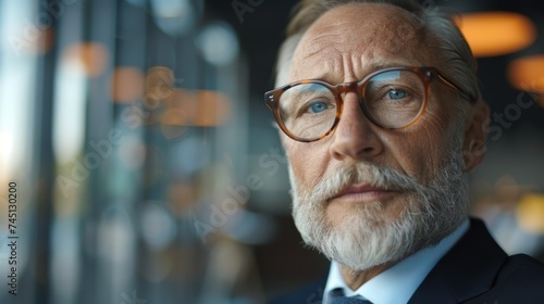 A mature businessman with a beard and glasses gazes into the distance  exhibiting a thoughtful demeanor.