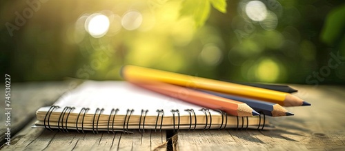 Two sharpened pencils and a blue notebook are neatly arranged on a polished wooden table. The pencils are positioned parallel to each other, while the notebook lays open with blank pages.