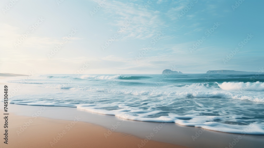 A peaceful beach scene with gentle waves and a clear sky, capturing the essence of a calming ocean breeze