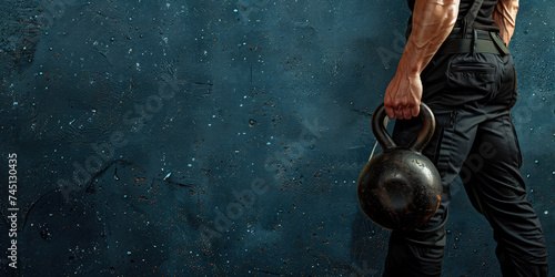 Grasping Strength, Kettlebell Workout. Close-up of male muscular arm gripping heavy kettlebell on simple background with copy space, weight in hand. © dinastya