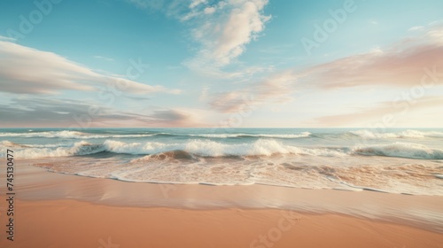 A peaceful beach scene with gentle waves and a clear sky, capturing the essence of a calming ocean breeze