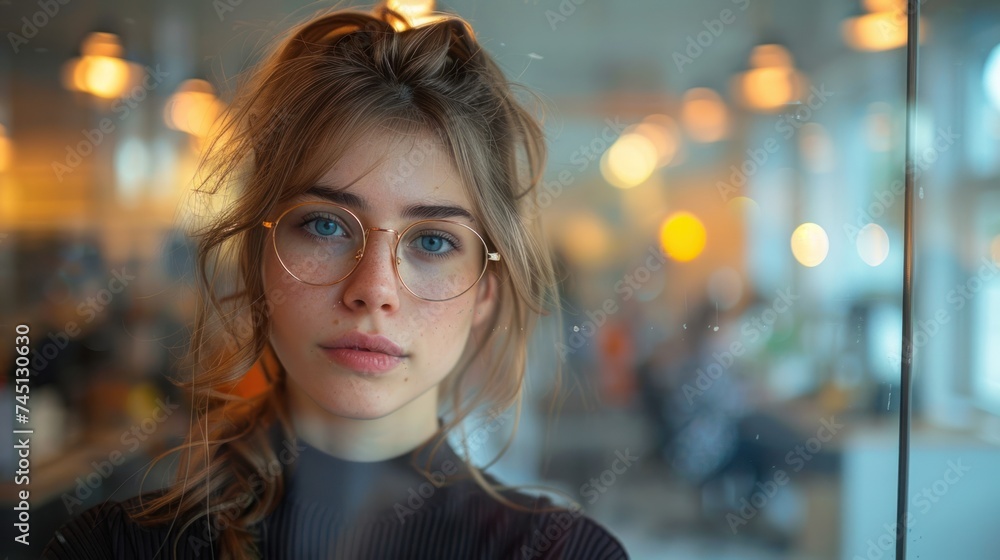 Obraz premium A candid shot of a young woman wearing glasses, gazing out a window.