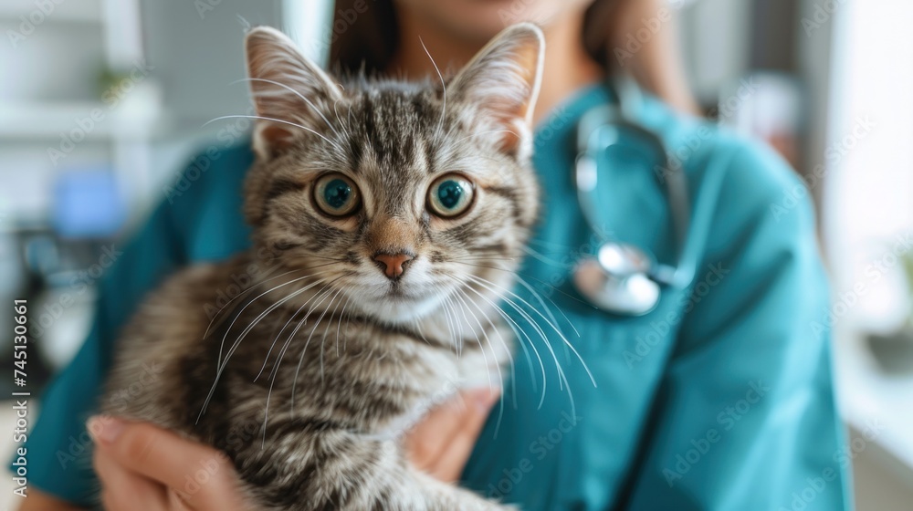 A woman, wearing a blue shirt, holding a cat. A woman, wearing a blue shirt, holding a cat.
