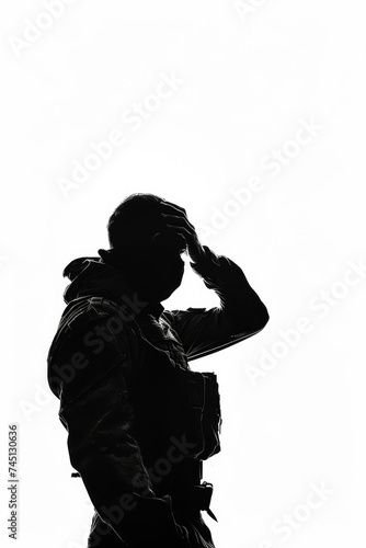 Soldier's Silhouette Against simple Background with copy space. Silhouette of a soldier, wearing military uniform isolated on white.