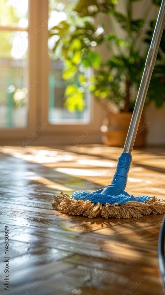A blue-handled mop is being used to clean a wooden floor with foam cleanser.