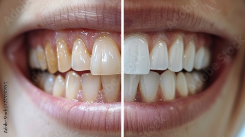A visual depiction of a womans teeth before and after undergoing a whitening treatment, illustrating a noticeable improvement in their brightness and overall appearance.