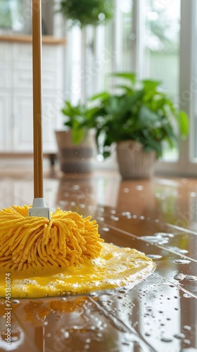 A bright yellow mop is placed on top of a wooden table, ready for floor cleaning with cleanser foam.