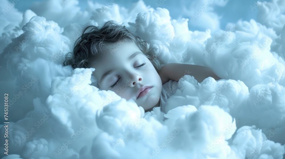 A small child peacefully asleep amidst fluffy clouds in the sky.