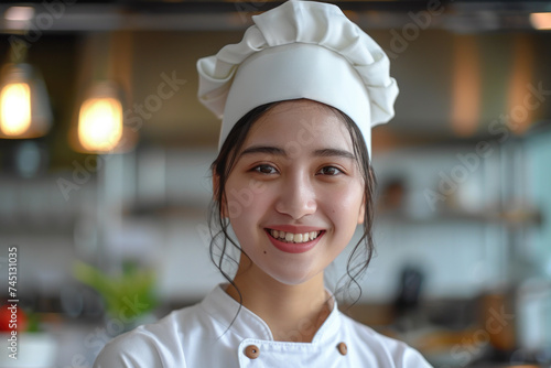 Malay woman wearing chef uniform in luxury hotel restaurant kitchen