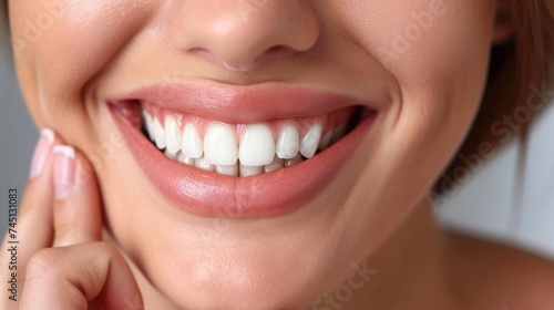 A close-up view of a Caucasian woman smiling  showcasing her white teeth.