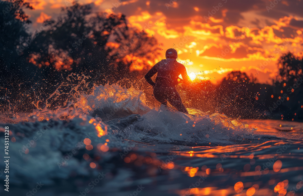 Young man water skiing on lake at sunset