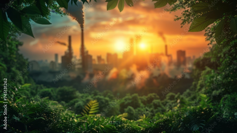 The sun is setting over a city nestled in the jungle, casting a warm glow over the urban landscape surrounded by lush greenery.