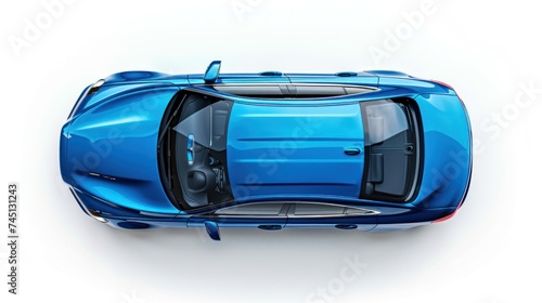 An aerial perspective of a sleek blue sports car parked on a clean surface.