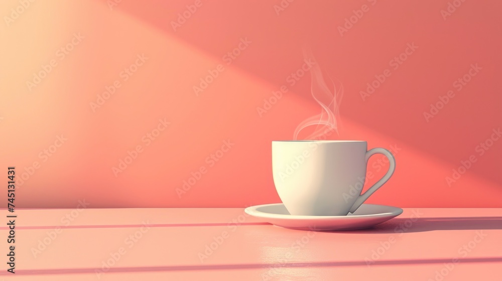 A hot cup of coffee sits on a saucer, releasing steam into the air. The background is stylish and perfect for a morning pick-me-up. A hot cup of coffee sits on a saucer, releasing steam into the air. The background is stylish and perfect for a morning pick-me-up.